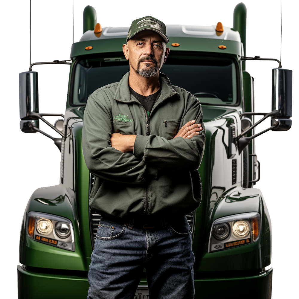 Truck driver standing in front of 18 wheeler