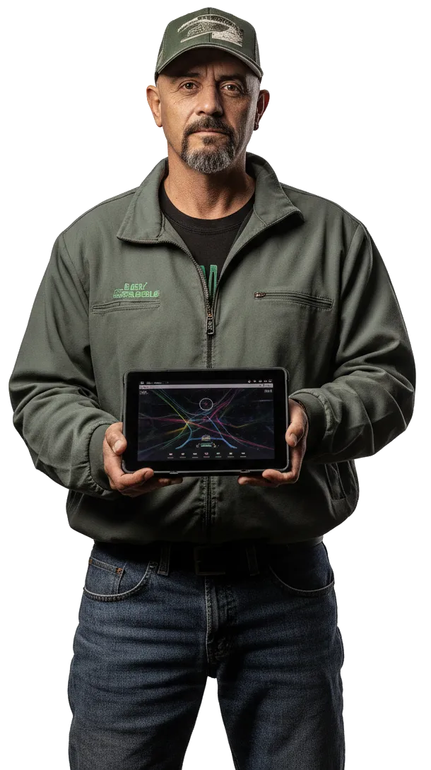 Man in workwear holding a tablet with hiring data