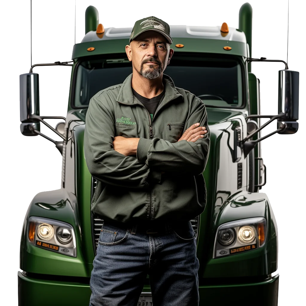 Confident truck driver standing in front of an 18 wheeler