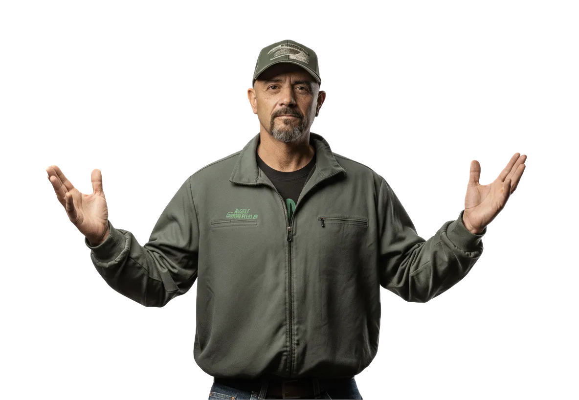 Man in workwear presenting employer-positioning creative with palms up