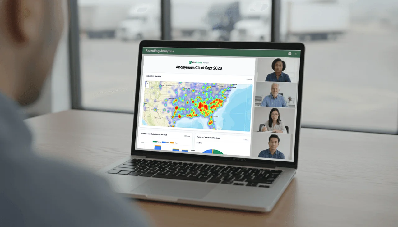 Monthly review video call with recruiting dashboards presented on screen