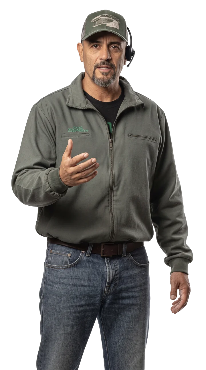 Man in workwear on a live recruiting call with a headset